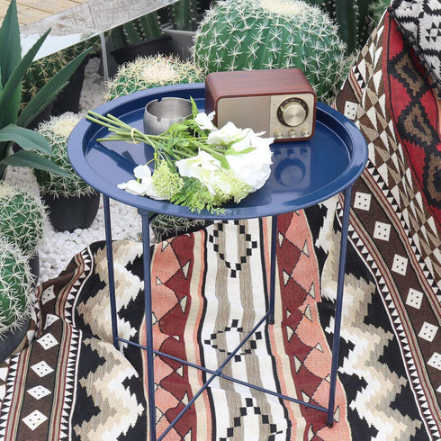 4 Garden you End Table Metal Side Table Blue Round Folding Tray Cyan Sofa Small Accent Fold-able Table, Round End Table