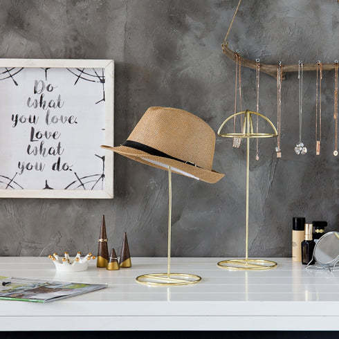 MyGift Set of 2 Brass Tone Metal Wire Table Standing Hat Racks, 14 Inch Tall Tabletop Wig Display Cap Storage