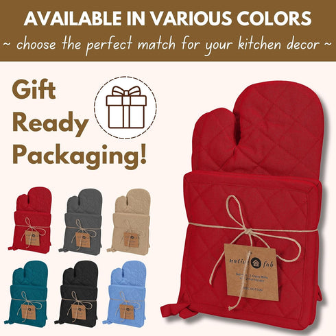 Native Fab Pot Holders and Oven Mitts Set - 4-Piece Kitchen Heat Resistant Cotton Set in Red