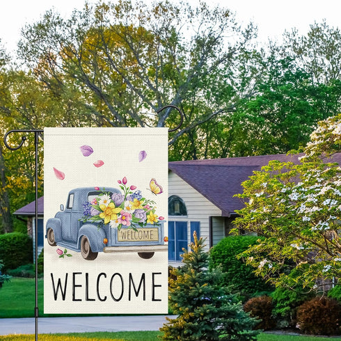 Welcome Spring Garden Flag 12x18 Double Sided Vertical Burlap Retro Truck Floral for Outdoor Decoration