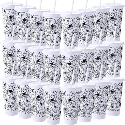 Funnymoom 24 Pcs Halloween Cups with Lids and Straws Spiderweb Halloween Plastic Cups