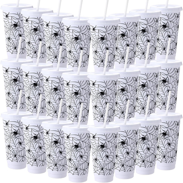 Funnymoom 24 Pcs Halloween Cups with Lids and Straws Spiderweb Halloween Plastic Cups