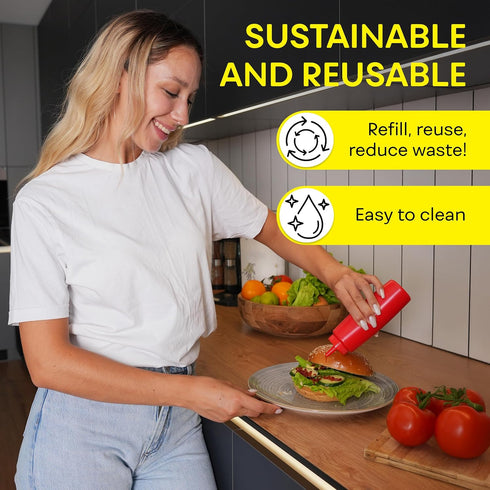 8 OZ 2 PACK BRIGHTFROM Condiment Squeeze Bottles, RED Empty Squirt Bottle with Wide Neck - Great for Ketchup, Mustard
