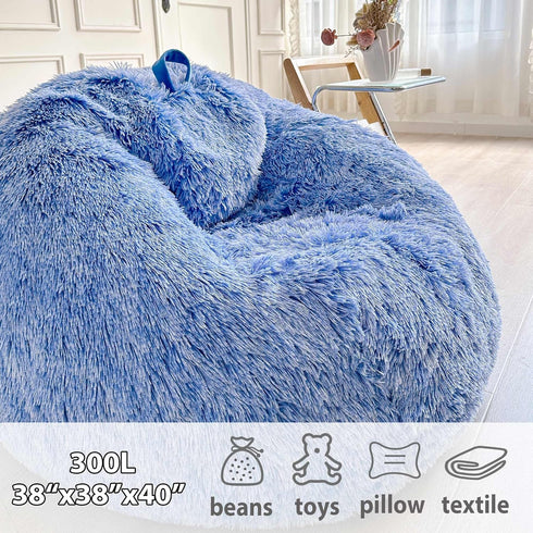LIFEREVO Fluffy Faux Fur Bean Bag Chair Cover Blue (No Filler), Ultra-Soft Stuffed Animal Storage Bean Bag Kids Adults