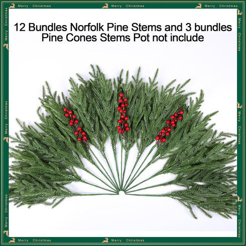 florisso Vases,12 3 Artificial Faux Christmas Norfolk Pine Stems Branches for Bundles Fake Evergreen Real Touch