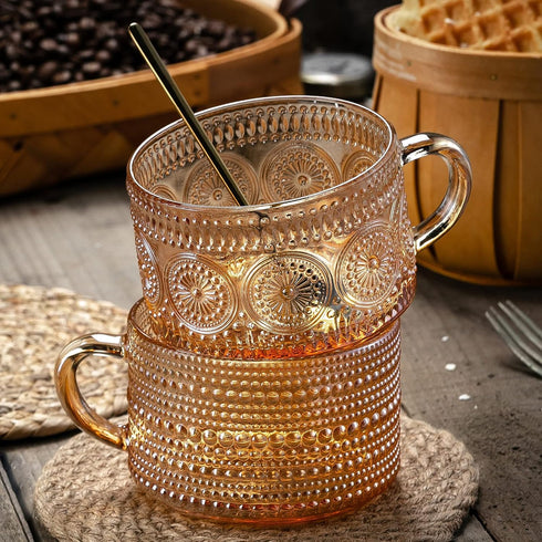 Gezzeny 14 Oz Set 2 Vintage Coffee Mugs of Amber Embossed Glass Tea Cups for Cappccino, Latte,Cereal, Yogurt, Beverage