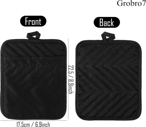 GROBRO7 5Pack Cotton Pocket Pot Holder Set, Kitchen Heat Resistant Hot Pads, Machine Washable Black Plain Trivet