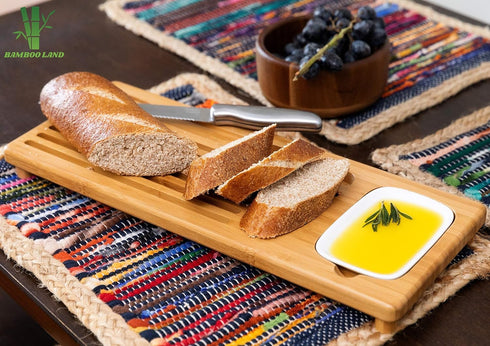 Set Eco-Friendly Large Bamboo Bread Board with Crumb Catcher & Dipping Dish