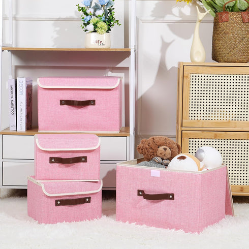 ANMINY Storage Bin with Lid, Decorative Foldable Lidded Cotton Linen Fabric Home Cubes Baskets Closet Organizer - Pink,