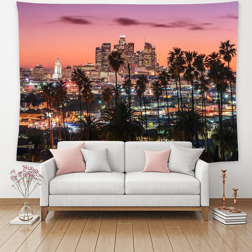 feelacle Los Angeles City Skyline Tapestry, 80" X 60" Downtown Landscape Wall Hanging for Bedroom Living Room