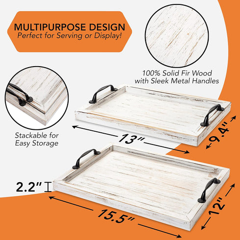 2 Rustic Serving Tray with Handles - Nesting Trays for Serving Food - Wooden Tray for Decor, Coffee Table & Ottoman