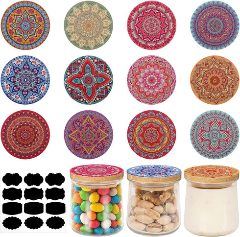 Uiifan 12 Pcs Yogurt Jar Lids Reusable Bamboo Wooden Mandala Pattern Lids