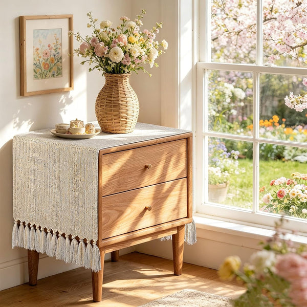 yuboo Spring Boho Table Runner Short, Dresser Runner Cover Top, Beige Macrame