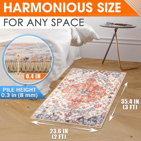 Washable Kitchen Rug, Easy Cleaning Non-Slip Carpet, Vintage Soft Surface, Durable Pet-Friendly Mat, Small 2x3