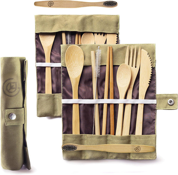 Greenzla Double Pack Bamboo Utensils Set with Bonus Toothbrush Pair, Reusable Wooden Cutlery & Storage Bags