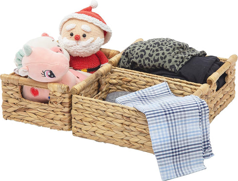 VATIMA Hyacinth Small Wicker Basket 11.6x8.1x4.9", Decorative Storage with Wooden Handle for Bathroom Organizer