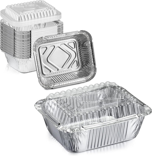 Fit Meal Prep 50 Pack Small Aluminum Foil Pans with Clear Lids, 1 lb 5 x 4” Disposable Baking Pans