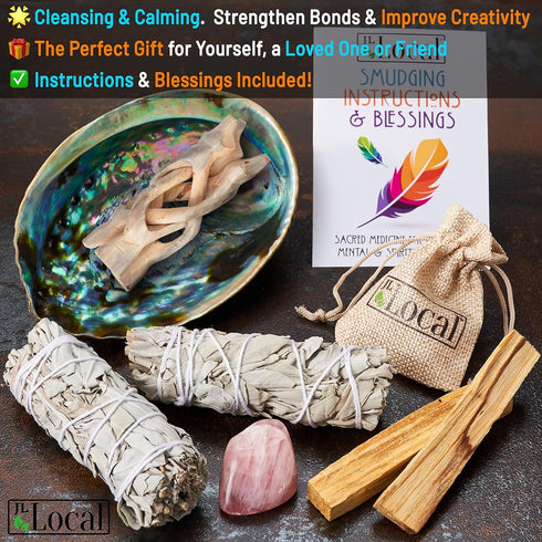 Perfect Unity Smudging Kit - 2 White Sage Smudge Sticks + 2 Palo Santo Sticks + Abalone Shell Bowl + Rose Quartz