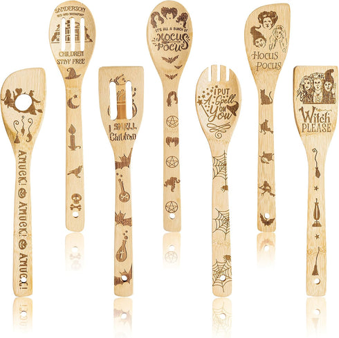7Pcs Halloween Hocus Pocus Theme Wooden Spoons, Slotted Spatula Set, Non-Stick Cooking Utensils Gift Idea