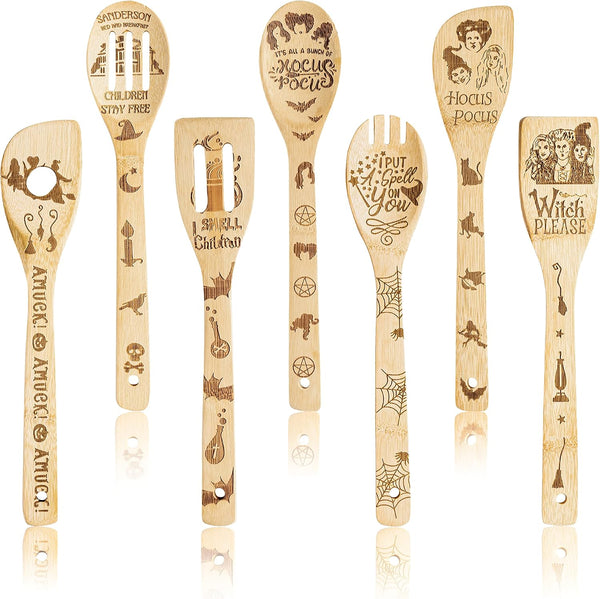 7Pcs Halloween Hocus Pocus Theme Wooden Spoons, Slotted Spatula Set, Non-Stick Cooking Utensils Gift Idea