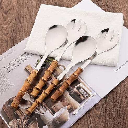 Serving Spoon and Fork Set, 304 Stainless Steel Utensils with Natural Bamboo Handle, 10" Long