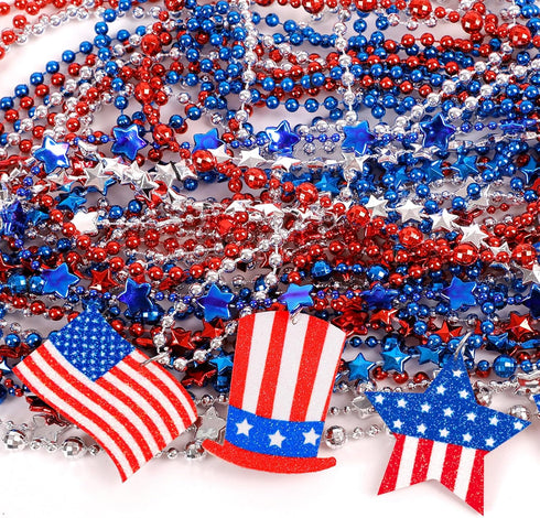 120PCS 4th Moon Boat of July Accessories Necklaces: Blue White and Red Beads Bulk, Patriotic Party Independence