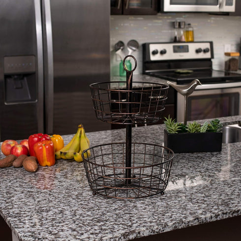 BIRDROCK HOME 2 Tier Wire Fruit Basket | Round Metal Standing Baskets | Freestanding Rustic Decorative Caddy