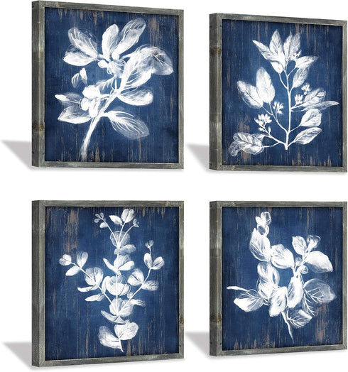 White Botanical Wooden Wall Art, Rustic Framed Artistic Plant Leaves Picture (16 x 16 x 4 pcs)