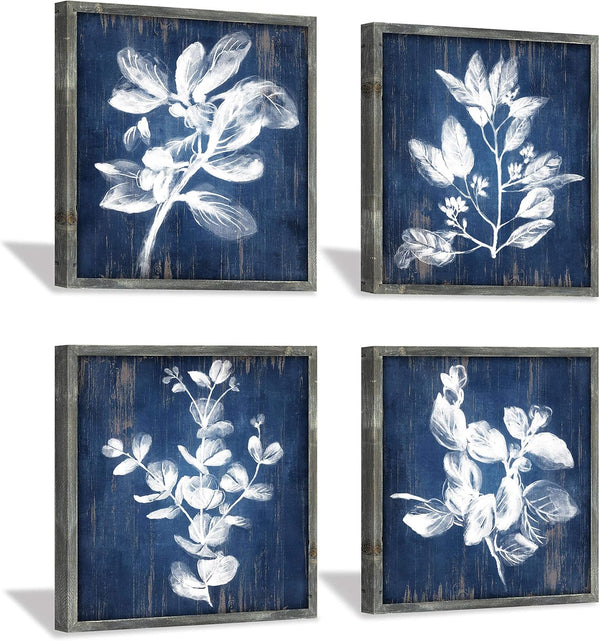 White Botanical Wooden Wall Art, Rustic Framed Artistic Plant Leaves Picture (16 x 16 x 4 pcs)