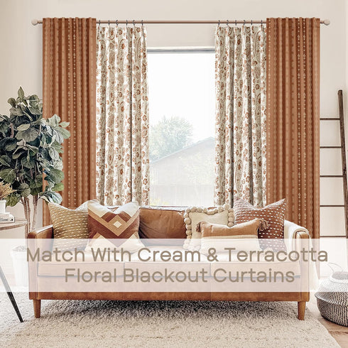 84 Inch Set 2 Terracotta Boho Blackout Curtains Long for Bedroom Living Room, Rust Burnt Orange Floral Decorative