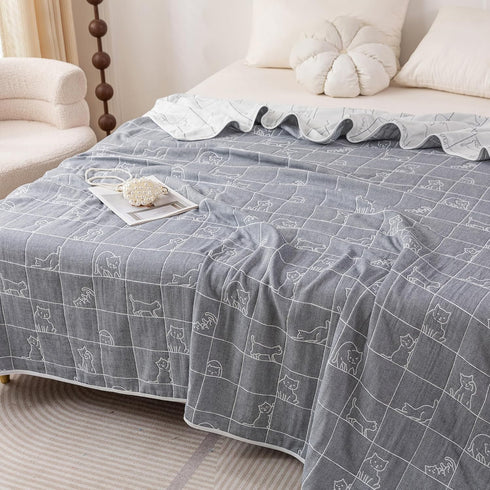 J-pinno 100% 6 70" 82") Kitty Cat in Grid Muslin Blanket Cotton Layer Quilt Bed Blanket Soft Warm Throw Sofa Couch Kids