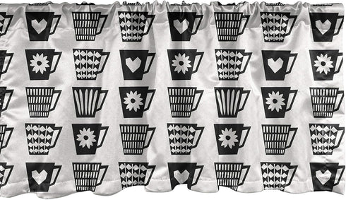 Lunarable Mid Century Modern Window Valance - Repeating Pattern with Various Motifs on Coffee Cups Print - Curtain