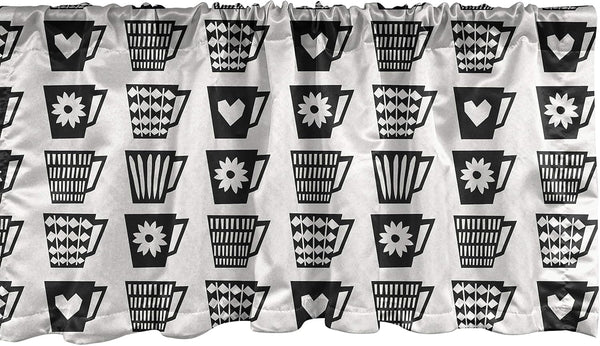 Lunarable Mid Century Modern Window Valance - Repeating Pattern with Various Motifs on Coffee Cups Print - Curtain