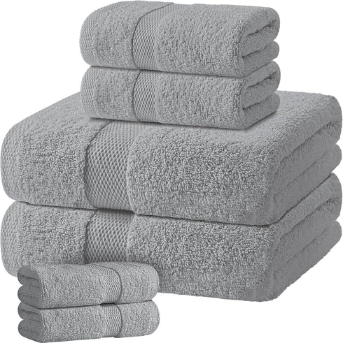 Light Gray Bath Towel Set of 6 - 100% Cotton Highly Absorbent