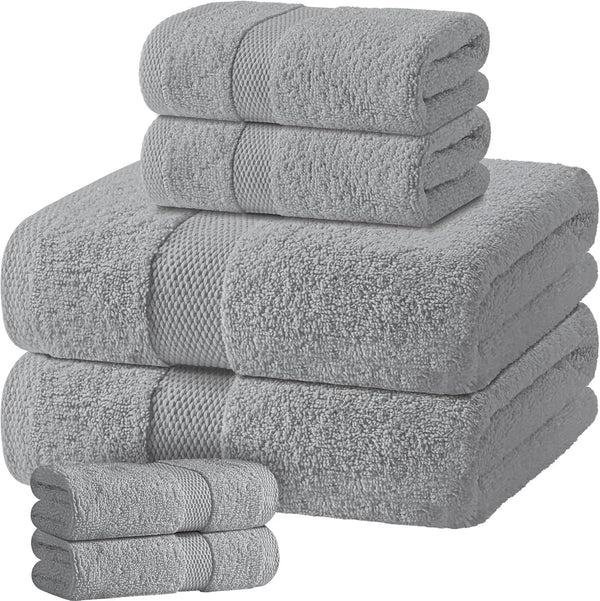 Light Gray Bath Towel Set of 6 - 100% Cotton Highly Absorbent
