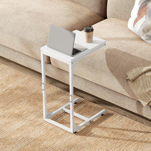 WLIVE C Shaped End Table, Small Couch Side Tables with Metal Frame, Sofa Table TV Tray for Living Room, Bedroom, White