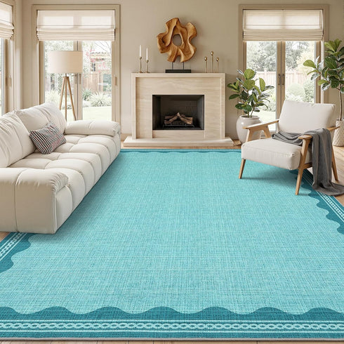 2.5x8 GarveeHome Scalloped Teal Runner Rug for Hallway Washable Kitchen Rugs Non Slip Solid Modern Soft Low-Pile Indoor