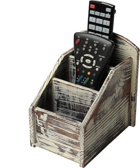 MyGift Rustic Torched Wood Remote Control Holder for Table, 3 Compartments, Living Room Organizer