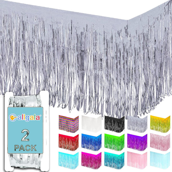 Allgala 2-Pack Silver Tinsel Table Skirt, 29x108 Inch Metallic Foil Fringe for Party Event, Parade Float Decoration