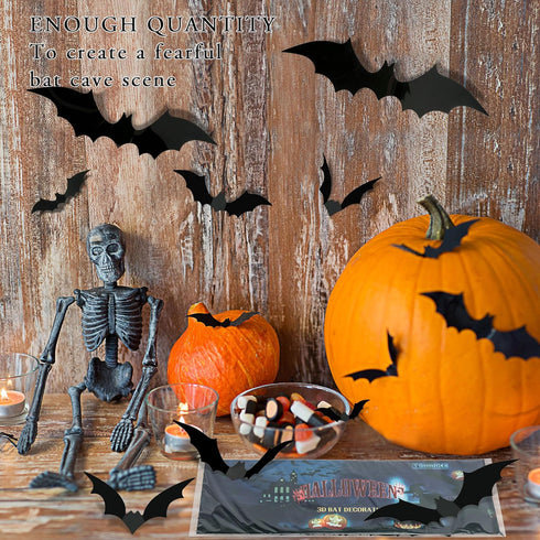 TDHDIKE 64 Pcs Halloween Decorations Black Bats Wall Decor, Reusable PVC 3D Stickers for Indoor Outdoor Party Decor