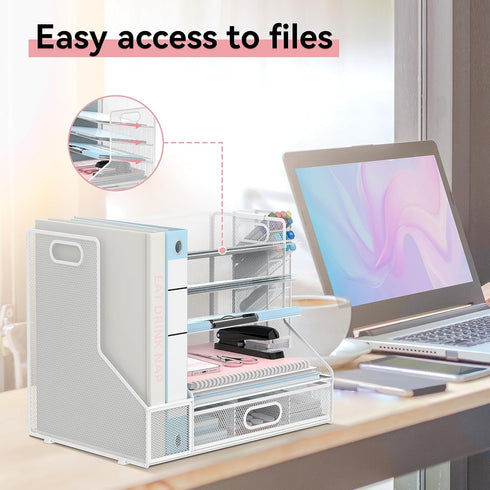 SUPEASY Desk Organizer with File Holder, 5-Tier Mesh Paper Letter Tray with Pen Holder and Drawer for Office Supplies