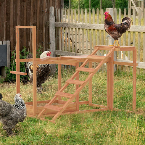 Set GOJOOASIS Chicken Activity Play - Poultry Run with Wood Stand, Ladder, Platforms, Swing, Food Storage, Chicken Toy