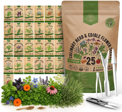 25 Culinary Herbs & Edible Flower Seed Variety Pack for Planting Indoor