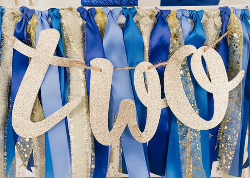 2nd PapaKit Birthday Boy High Chair Decorations - Blue & Gold Ribbon Garland, "TWO" Banner, Toddler Crown, Bow Tie