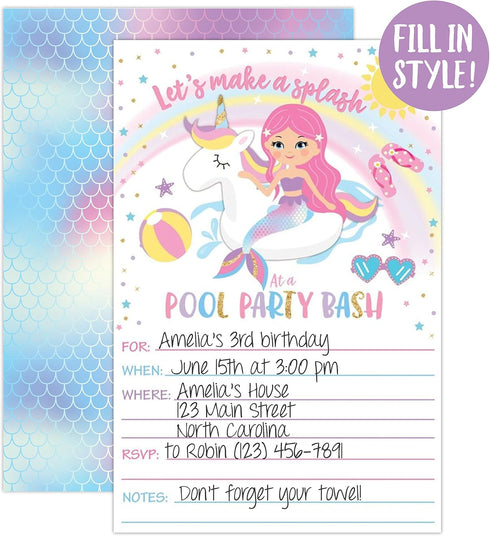 Your Main Event Prints Mermaid Unicorn Pool Party Birthday Invitations - 20 Fill-In Invites for Summer Pool Party Bash