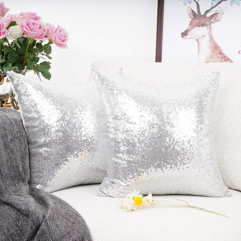 YOUR SMILE Pack of 2 Luxury Series Silver Decorative Sequin & Satin Throw Pillow Covers, 18" x 18"