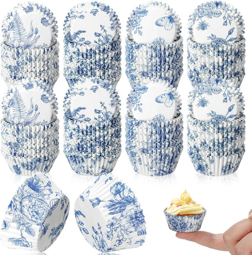 800 Pcs Blue and White Flower Cupcake Liners, Grease Proof Blue Muffin Liners for Baking Weddings Party