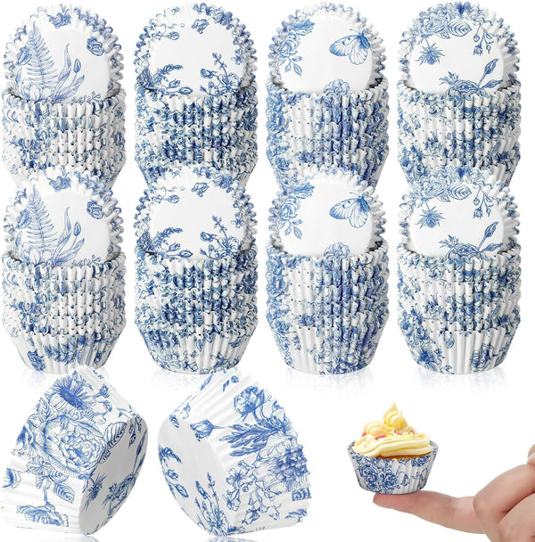 800 Pcs Blue and White Flower Cupcake Liners, Grease Proof Blue Muffin Liners for Baking Weddings Party