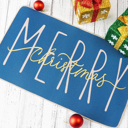 ONWAY Merry Christmas Doormat, Blue Gold Winter Seasonal Door Mat Christmas Holiday Low-Profile Floor Rug Switch Mat for Indoor Outdoor 17.5 x 29 Inch by ONWAY