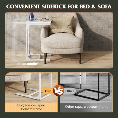 WLIVE C Shaped End Table, Small Couch Side Tables with Metal Frame, Sofa Table TV Tray for Living Room, Bedroom, White